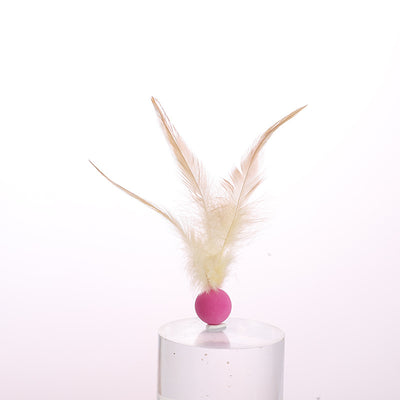 Three cat toys with pink balls and natural beige feathers, displayed on clear stands against a white background. - Image 6