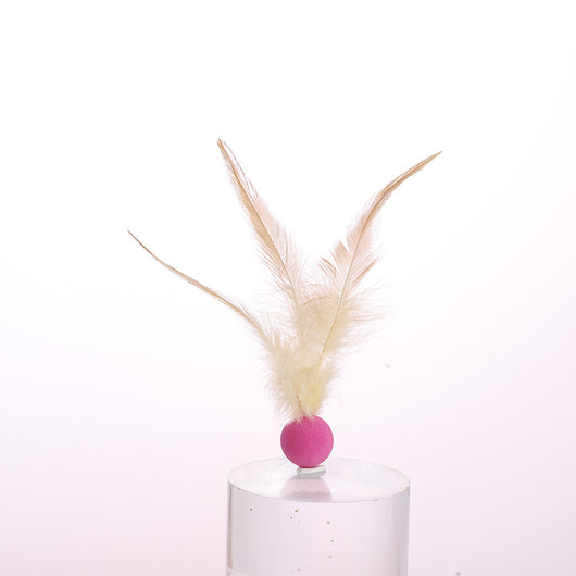 Three cat toys with pink balls and natural beige feathers, displayed on clear stands against a white background. - Image 6
