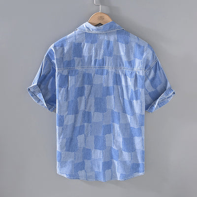 Camisa Denim Estampada de Manga Corta Cuadros Verano Hombre - Image 2