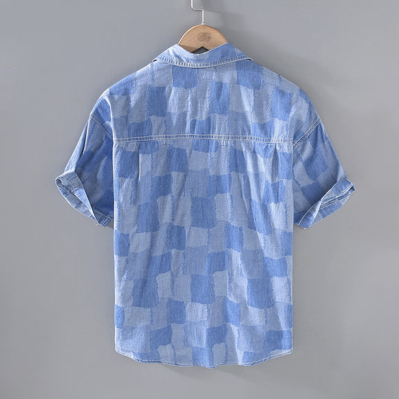 Camisa Denim Estampada de Manga Corta Cuadros Verano Hombre