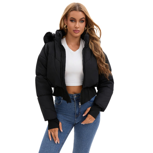 Chaqueta de Algodón Corta con Capucha y Cuello de Pelaje para Mujer - Image 5
