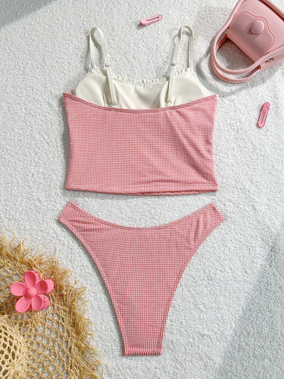 Gingham two-piece swimsuit with a camisole top featuring ruffled trim and a bow, paired with high-cut bikini bottoms. - Image 13