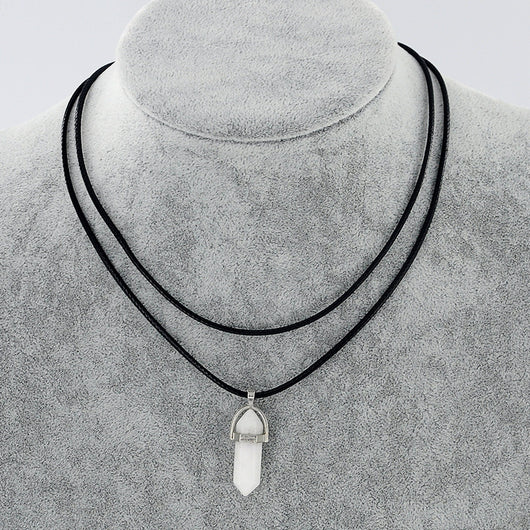 Collar Colgante de Piedra Natural con Cuerda de Cuero Doble y Cristal Hexagonal - Image 30