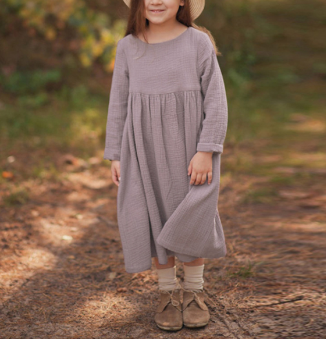 Vestido Infantil Coreano de Manga Larga en Colores Sólidos