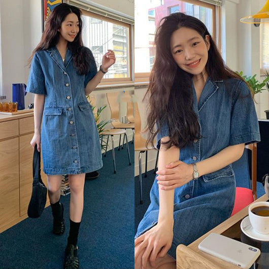 Vestido Denim Holgado con Bolsillos Dobles - Manga Corta