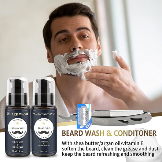A comprehensive beard care kit with beard wash, essential oil, growth oil, beard oil, conditioner, balm, brush, comb, scissors, and razor. - Image 15