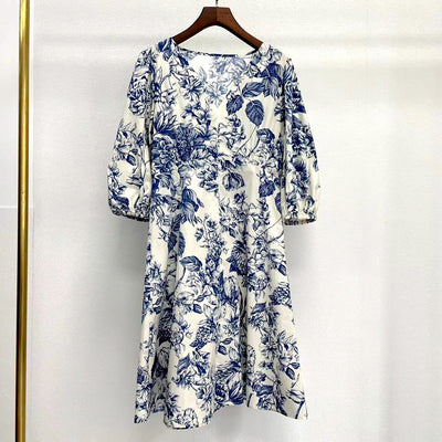 Vestido Azul y Blanco con Estampado Porcelana Chino - Cuello V Manga Media - Image 3