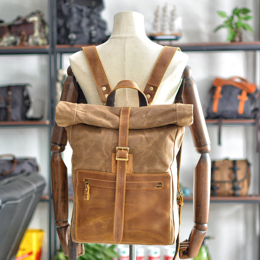 Mochila Retro de Lona y Cuero para Hombre - Estilo Casual Vintage
