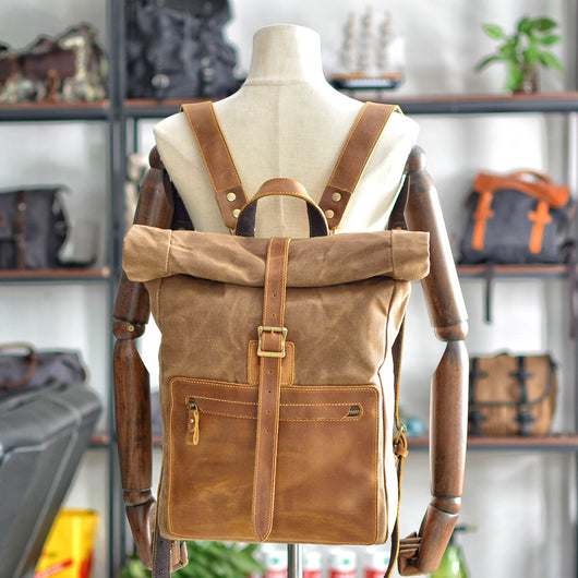 Mochila Retro de Lona y Cuero para Hombre - Estilo Casual Vintage