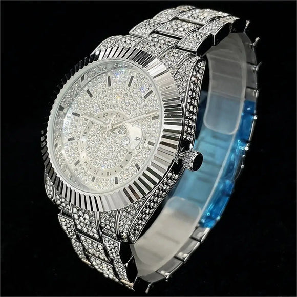 Reloj Hombre Plateado Diamantes Luminoso Resistente al Agua