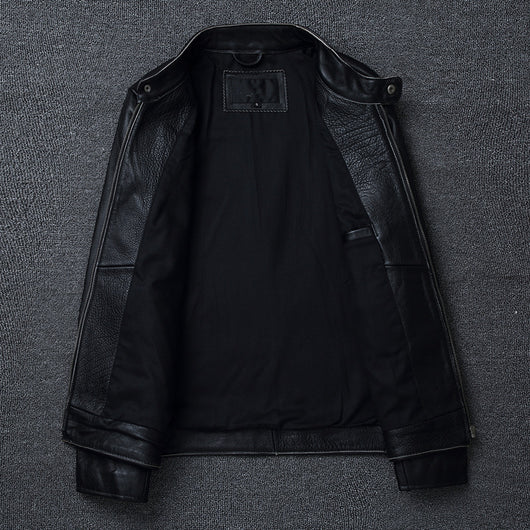 Chaqueta de Cuero Genuino Estilo Retro con Cuello Mao para Hombre - Image 18