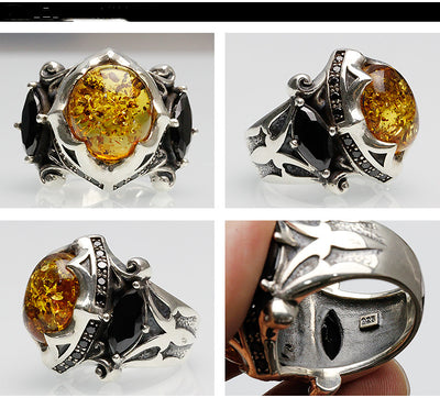 Anillo de Plata 925 Retro con Piedra Negra y Ámbar - Image 3