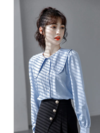 Blusa Cuello Bebé Azul Manga Larga Diseño Sofisticado para Mujer