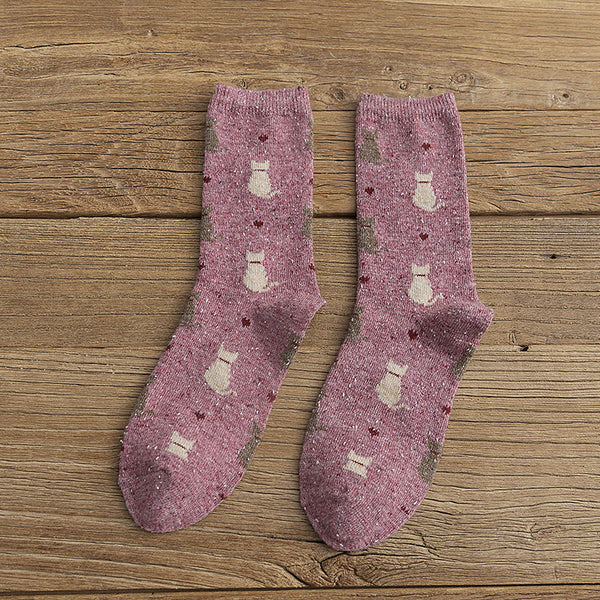 Calcetines Retro de Lana con Diseño de Gatitos Adorables
