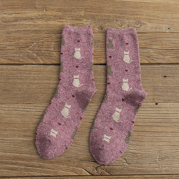 Calcetines Retro de Lana con Diseño de Gatitos Adorables