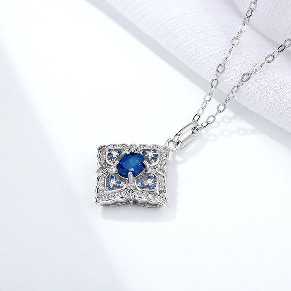 Collar de Plata S925 con Zafiro Natural - Diseño Geométrico Hueco Retro Elegante