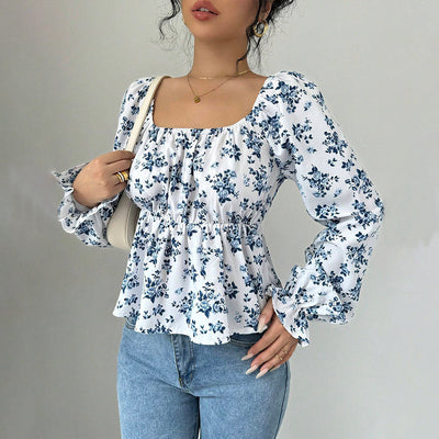 Blusa Floral de Invierno con Cuello Cuadrado y Mangas Abullonadas - Image 3