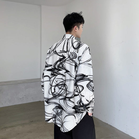 Camisa Hombre Estilo Tendencia con Estampado de Tinta en Algodón y Lino - Image 6