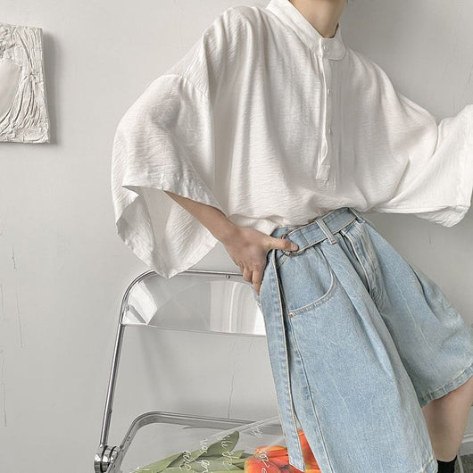 Camisa Japonesa Ligera para Hombre con Cuello Mao de Manga Corta - Image 3
