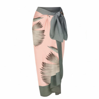 Women's vintage pink off-the-shoulder swimsuit with twisted front, cut-outs, and gray feather print. - Image 4