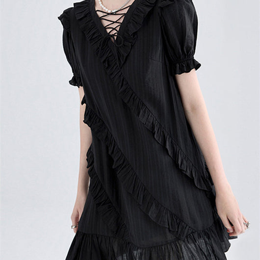 Vestido Negro Elegante con Lazos y Volantes - Image 9