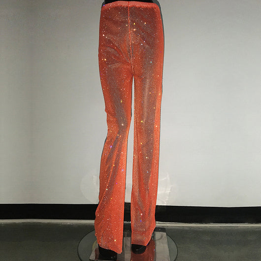 Pantalones Anchos de Tiro Alto con Detalles de Strass y Malla - Image 10