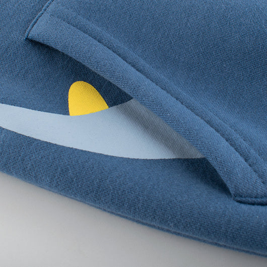 Blue children's fleece hooded jacket with a full zipper, featuring a light blue dinosaur appliqué and "SPACE" embroidery. - Image 10