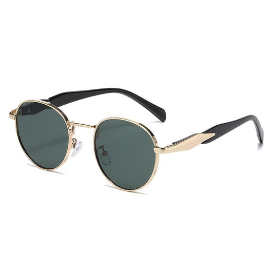 Silver metal round frame sunglasses with dark grey lenses and black temples, offering UV protection for women. - Image 13