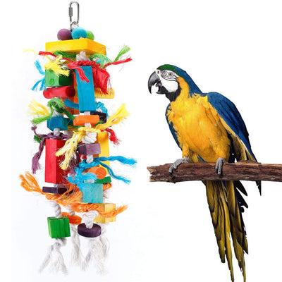 Colorful wooden and rope nibbling toy for parrots, featuring blocks, beads, and knotted ropes, next to a macaw. - Image 3