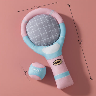 Plush dog toy set featuring a green and beige tennis racket (29cm) and a matching 6cm tennis ball. - Image 7