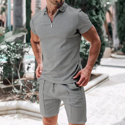 Conjunto Casual de Dos Piezas en Waffle para Hombre - Playera y Shorts con Cremallera - Image 16