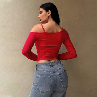 Blusa Corta Cuello Oblicuo Estilo Dulce y Picante para Mujer - Diseño Otoño Invierno - Image 2