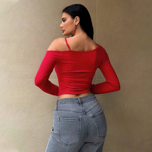 Blusa Corta Cuello Oblicuo Estilo Dulce y Picante para Mujer - Diseño Otoño Invierno - Image 2