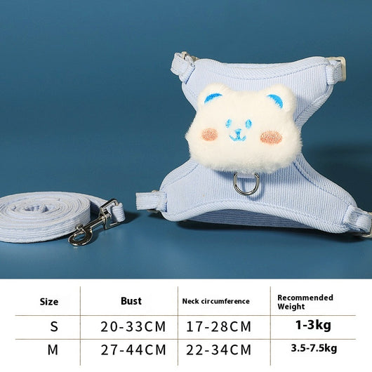 Pink corduroy pet harness and leash set with a white plush rabbit design, shown with a size chart. - Image 7