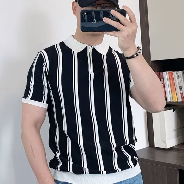Playera Casual Hombre Estilo Coreano Rayas Vintage con Cierre y Manga Corta