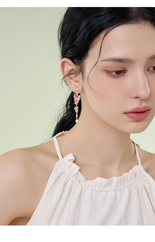 Aretes Mariposa Floral Desmontables con Circonitas Multicolor y Perla - Image 10
