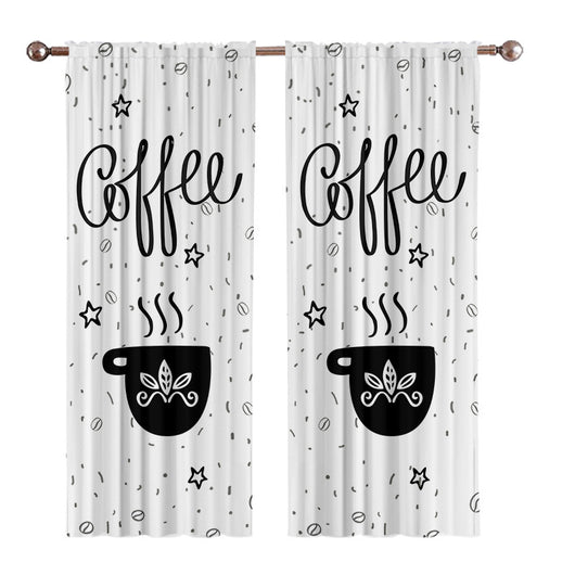 White polyester curtains with a black and white cartoon coffee print, featuring "Coffee" script, steaming cups, and scattered beans and stars. - Image 5