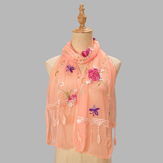 Pañuelo Floral Doble Capa con Bordado y Flecos para Mujer - Image 6