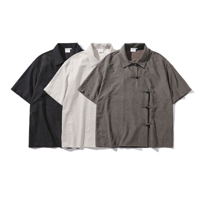 Camisa Corta Estilo Chino Tradicional con Botones de Rana para Hombre - Image 4