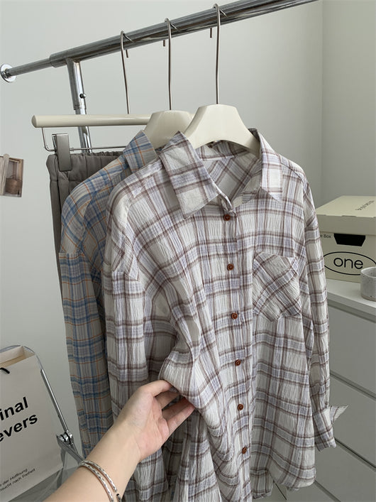 Camisa Cuadriculada de Algodón Retro Lavado Artístico para Mujer - Image 12
