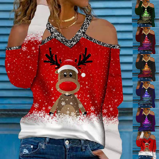 Blusa Navideña Cuello V Manga Larga para Mujer