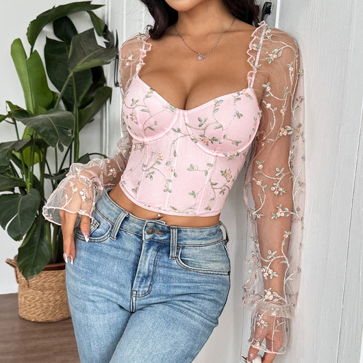Blusa Larga de Malla Transparente con Parches Bordados - Image 9