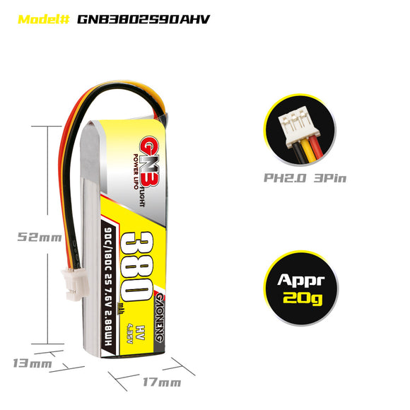 Batería LiPo de Alto Rendimiento GNB 380mAh 7.6V 90C para Autos de Carreras Mosquito