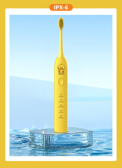 Light blue electric toothbrush with four soft bristle brush heads and a decorative box with teal leaf pattern. - Image 5