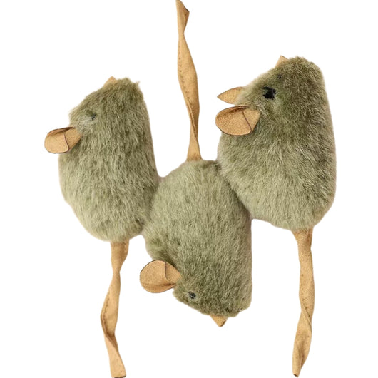 Three green plush mouse cat toys with tan ears and tails, one hanging upside down, against a white background. - Image 10