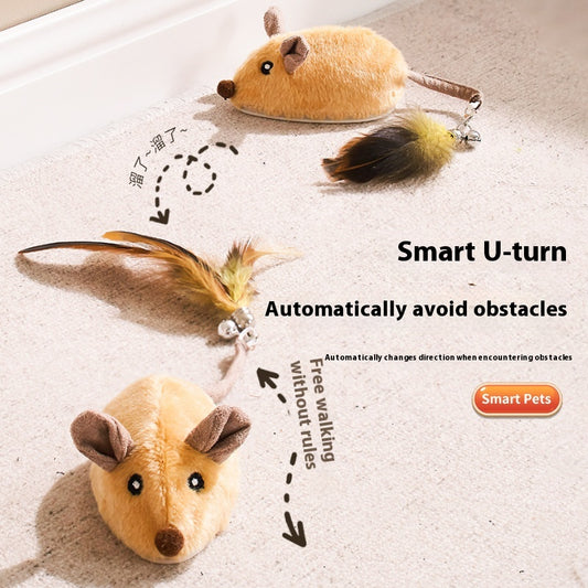 Gray plush electric mouse cat toy with black ears and eyes, featuring a yellow and green feather tail with a bell. Includes a USB charging cable and gift box.