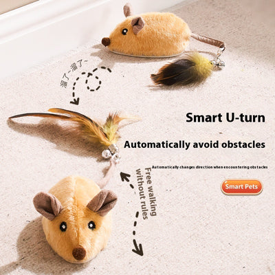 Gray plush electric mouse cat toy with black ears and eyes, featuring a yellow and green feather tail with a bell. Includes a USB charging cable and gift box.
