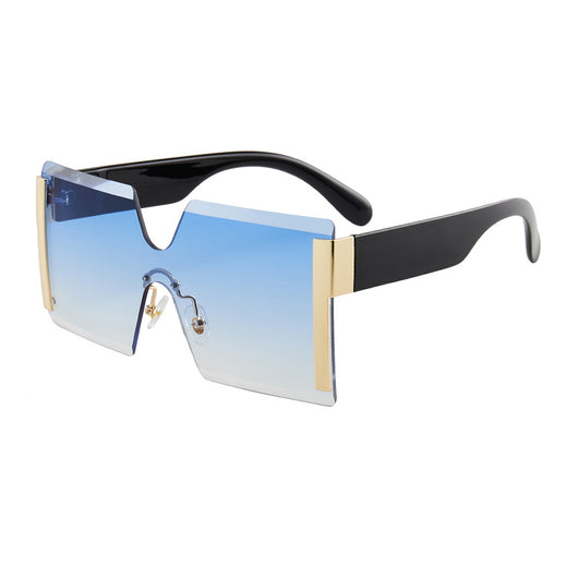 Frameless sunglasses with pink gradient lenses, black temples, and gold-tone accents on a white background. - Image 8