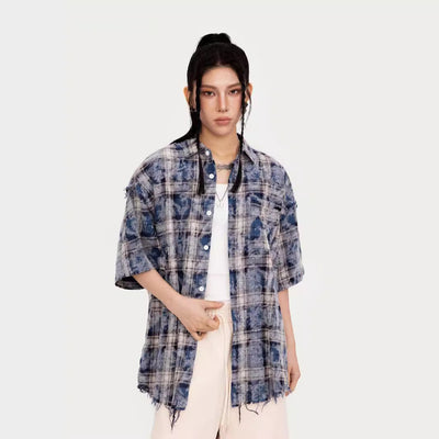 Camisa Americana Tie-dye Cuadros Manga Corta con Estilo