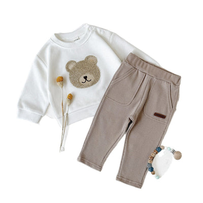 White long-sleeve baby hoodie with a brown bear print and matching ribbed beige sweatpants set. - Image 5
